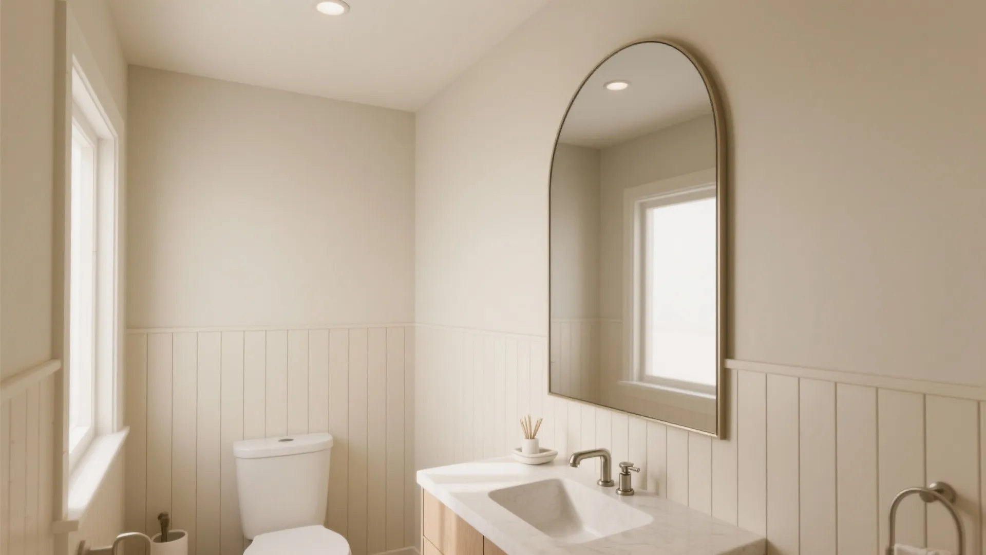 Modern bathroom with arched wall mirror over white sink and cabinet with beige wall panels
