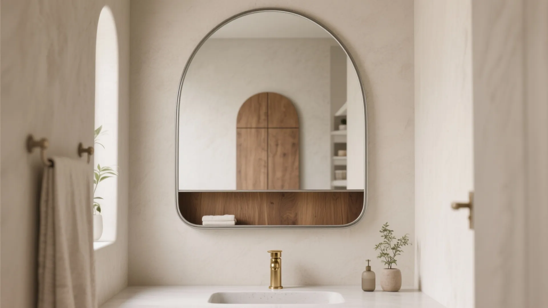 Modern bathroom with arched mirror on beige wall plus white sink and gold water tap