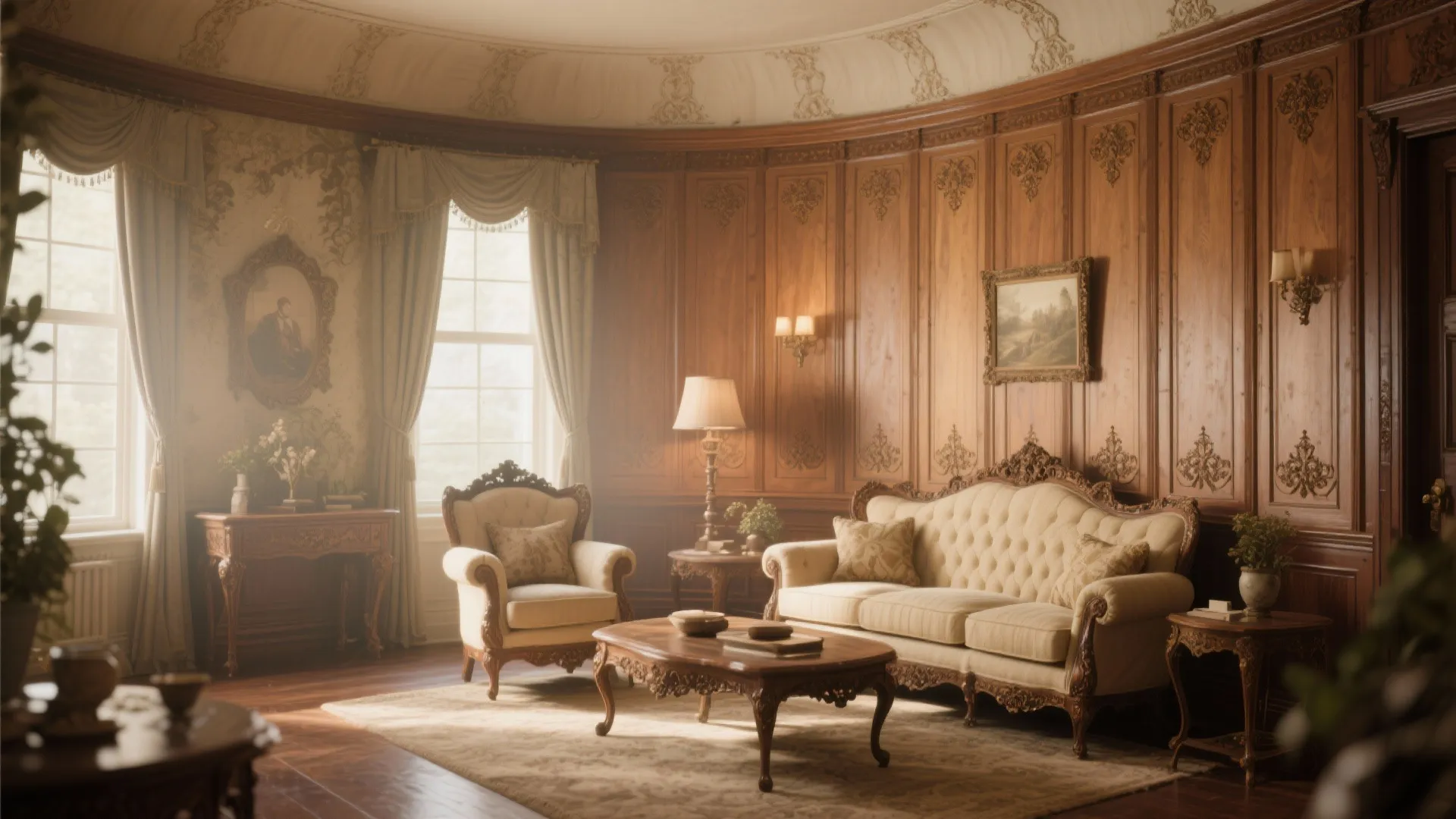 Classic living room with wood wall panel decorative sofa armchairs coffee table and elegant curtains