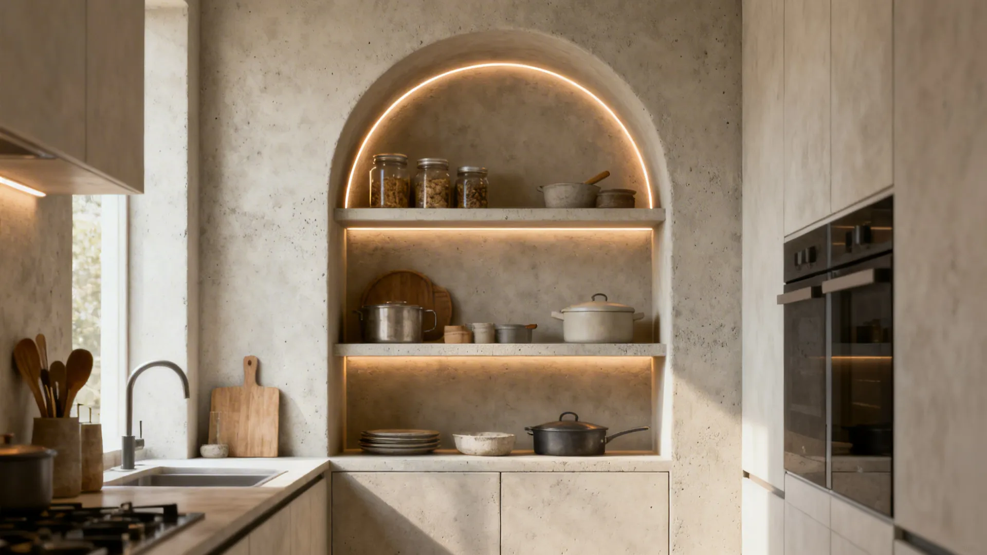 Soft arched pantry niche in microcement with warm concealed LED lighting.