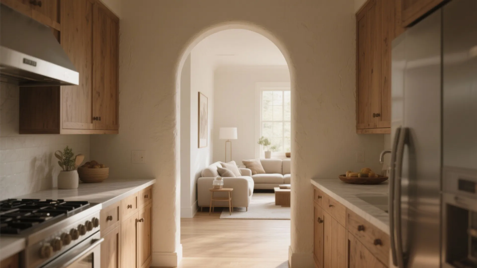 View from a kitchen through an arched wall opening into a bright and modern living room