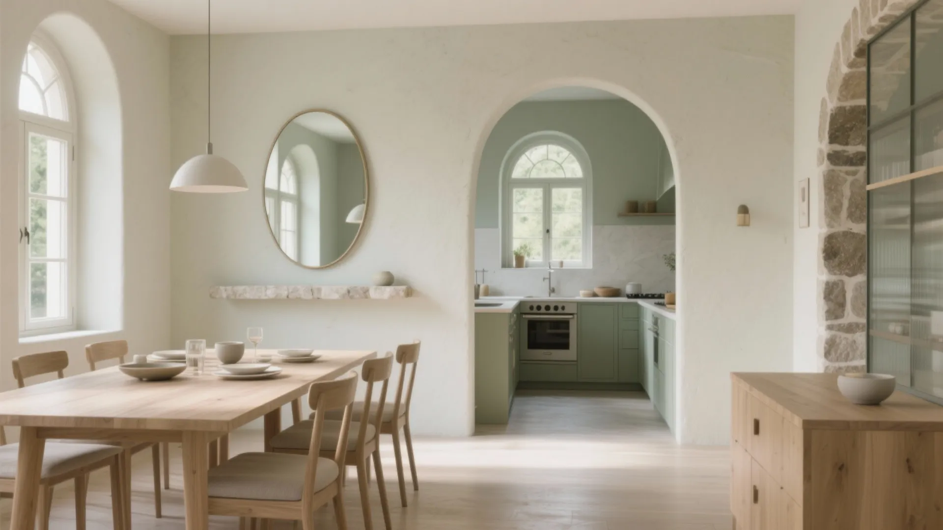 Bright dining area with wooden table chairs round wall mirror and arched kitchen door opening