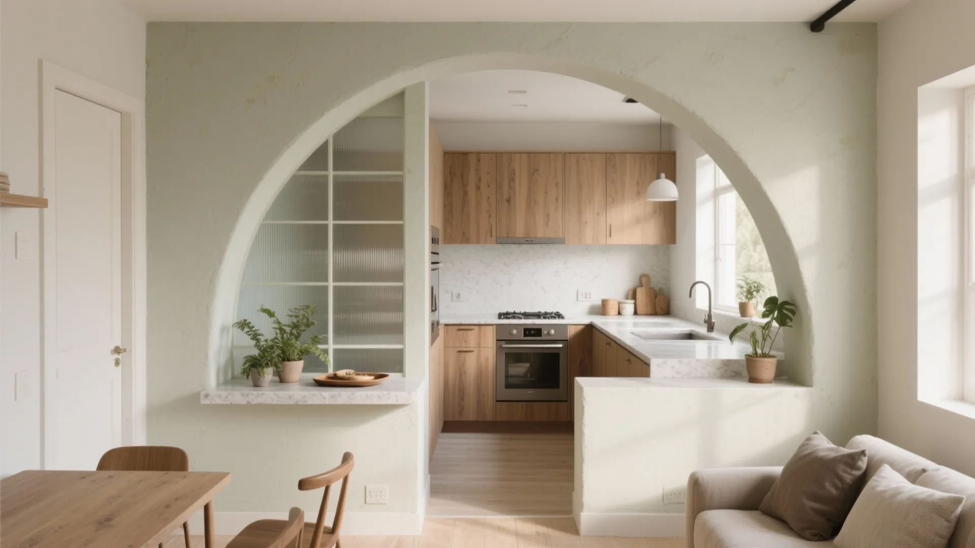 Arched Pass-Throughs that Unify Kitchen and Living