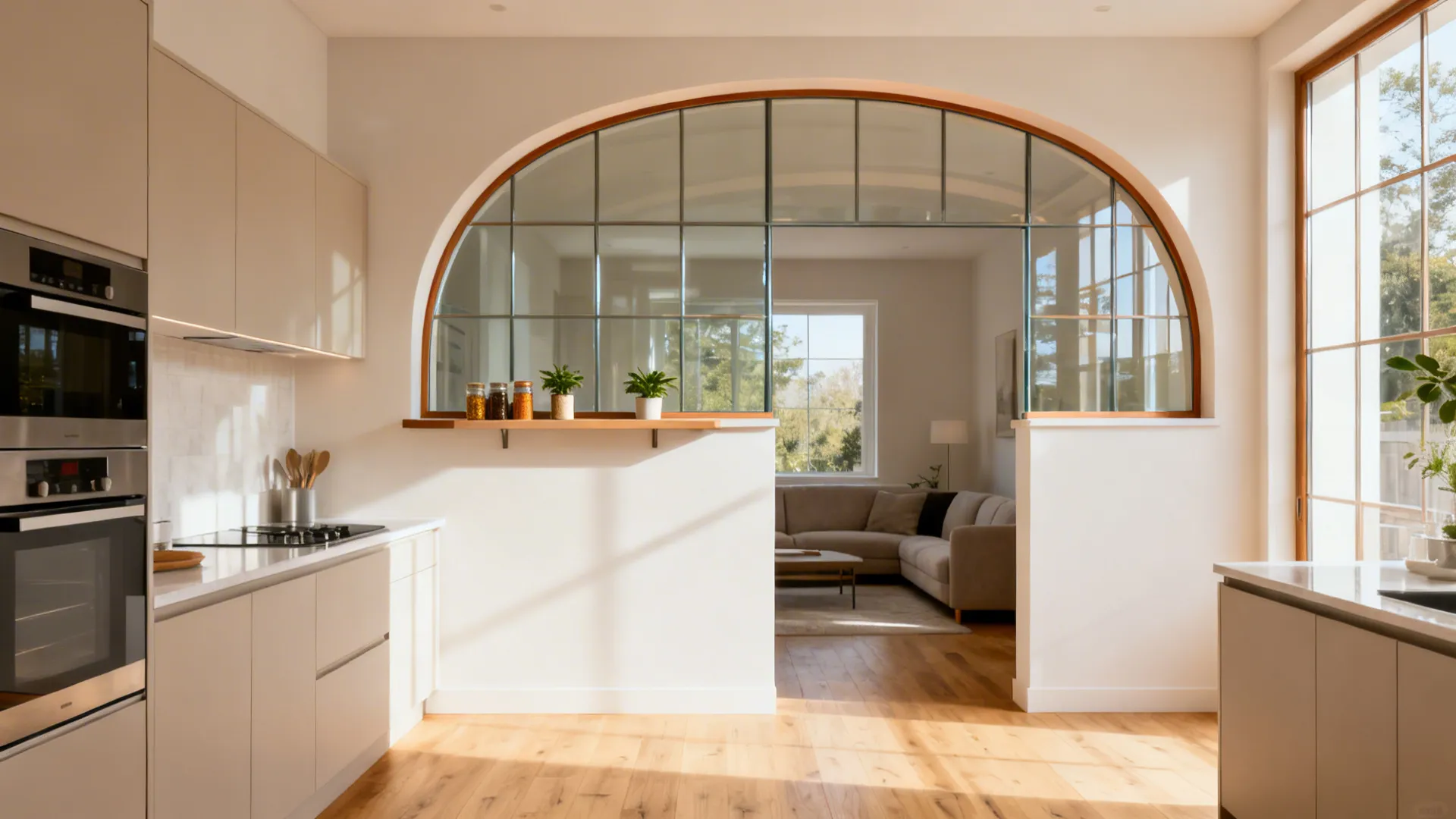 Open kitchen with an arched glass pass-through above a half-height wall for light and splash control.