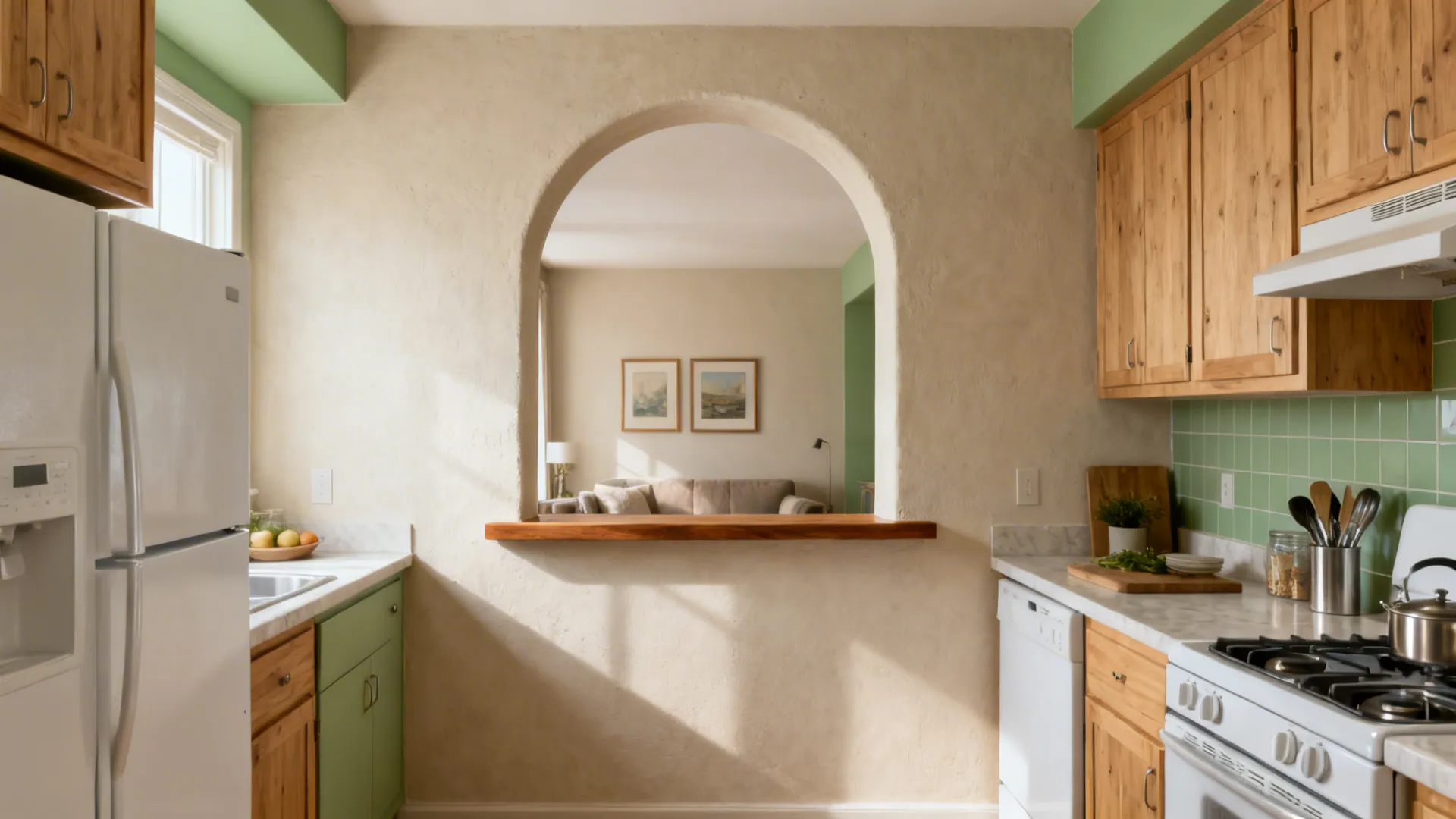 Arched Pass-Through Window Between Kitchen and Living
