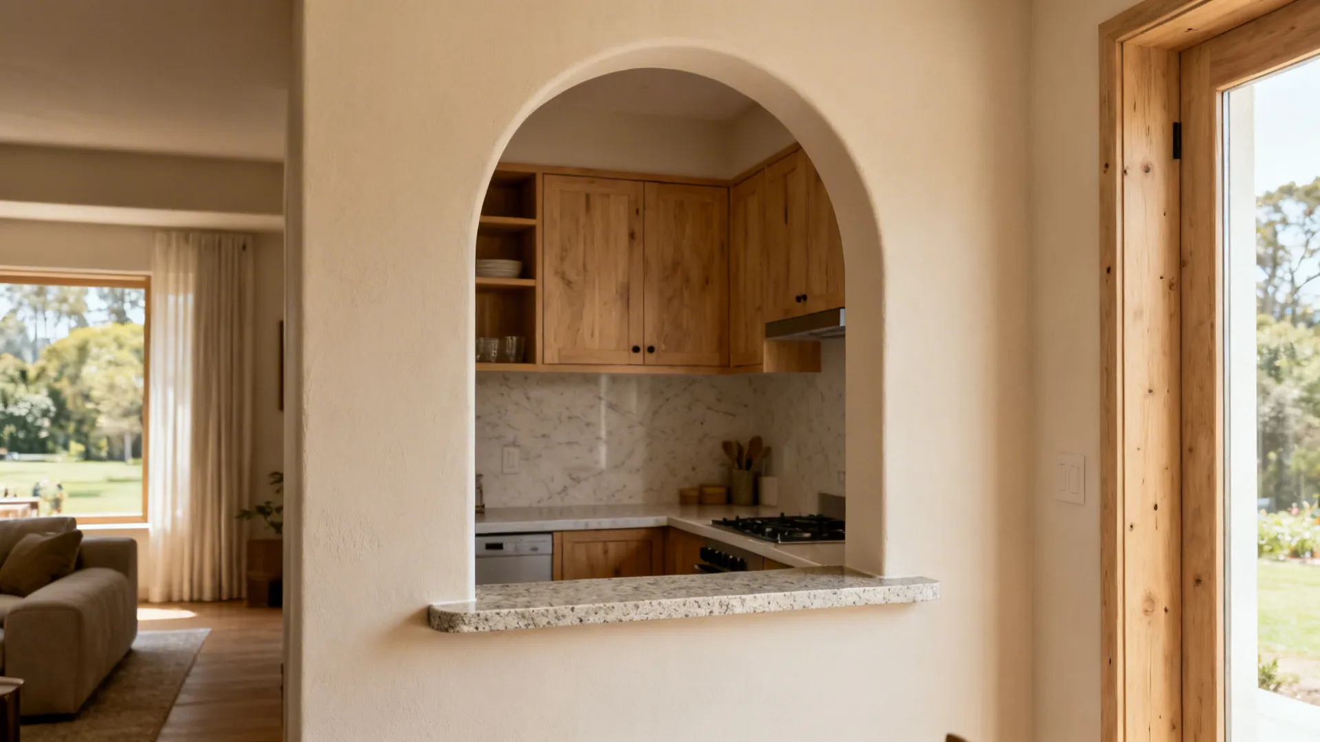 Arched kitchen pass-through with a slim quartz ledge connecting cooking and living zones.