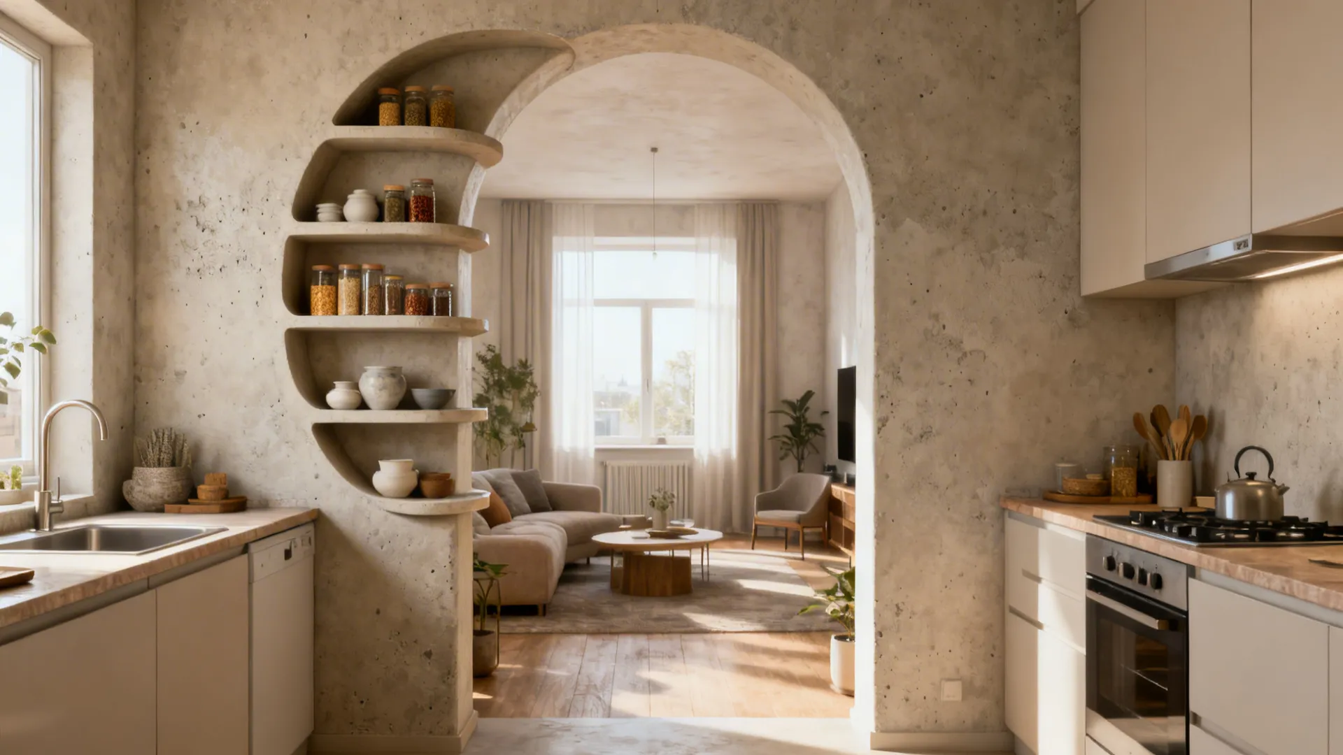 Arched kitchen pass-through with shallow curved shelves connecting to the living room.