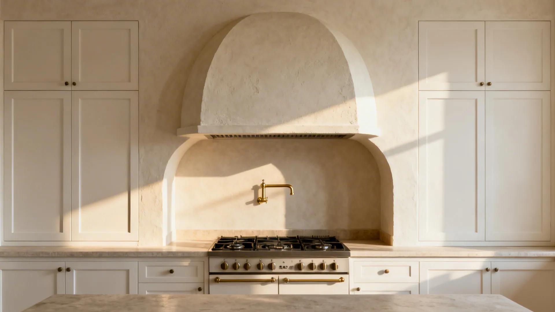 Shallow arched matte plaster hood centered over a compact range with warm white cabinetry.