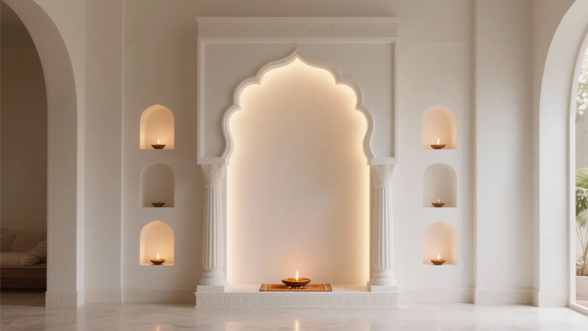 Arched plaster micro-pillars with small diya niches and warm LED glow framing a rental-friendly shrine.