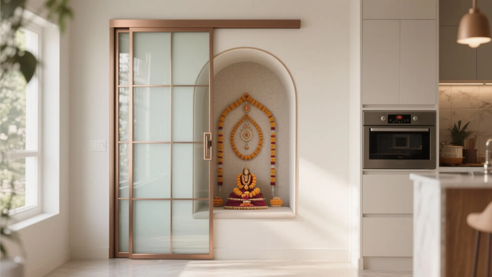 Modern kitchen featuring a sliding glass door that reveals a small decorative wall prayer area