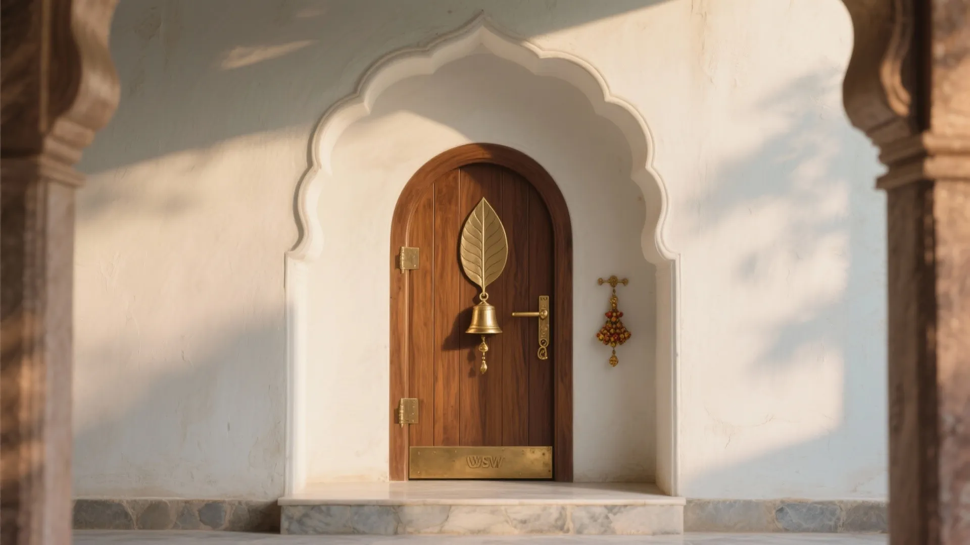 Arched white wall entrance with a small wooden door gold leaf bell and natural light