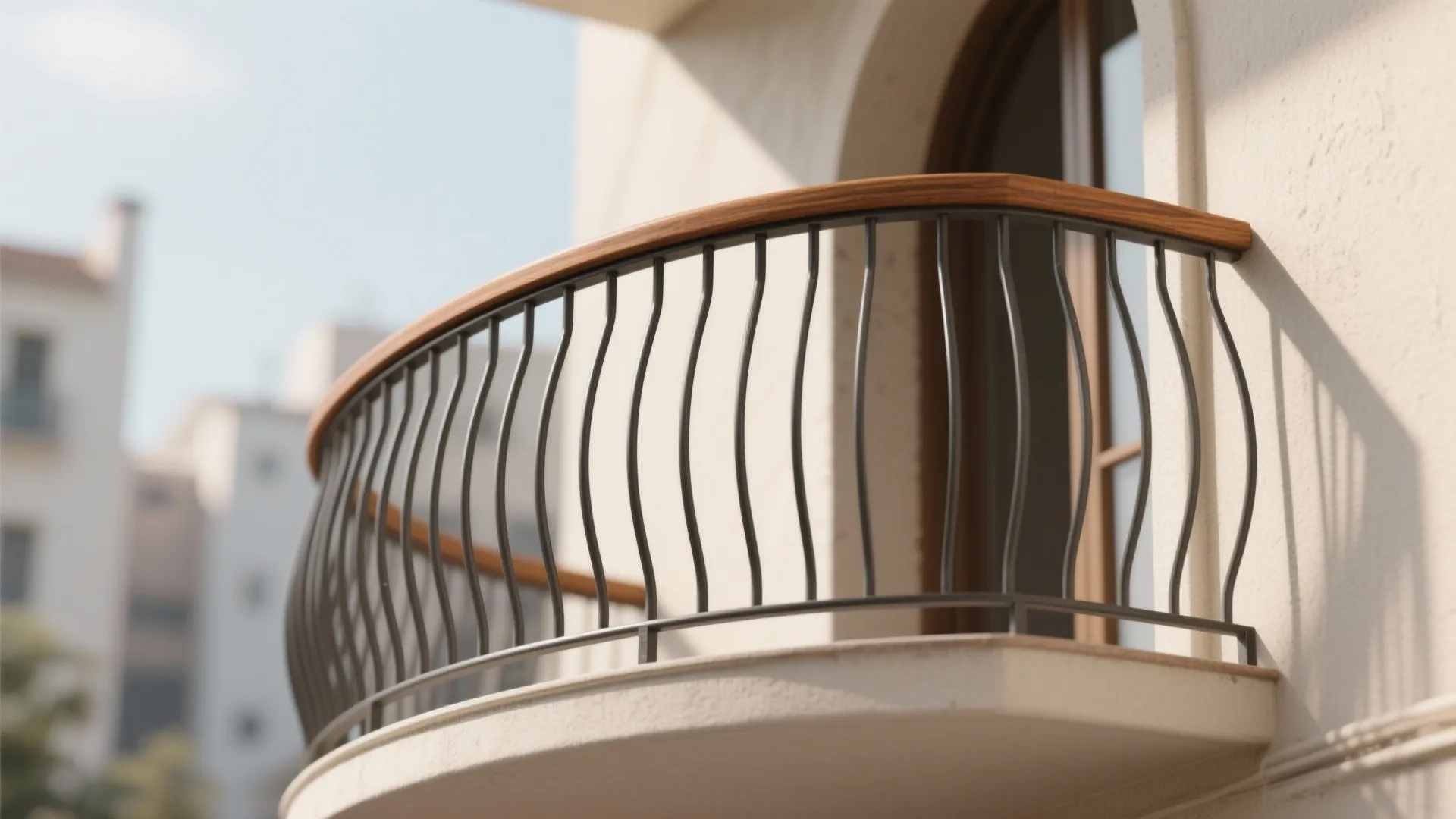 Close up view of a curved balcony railing with black metal bars and wooden rail