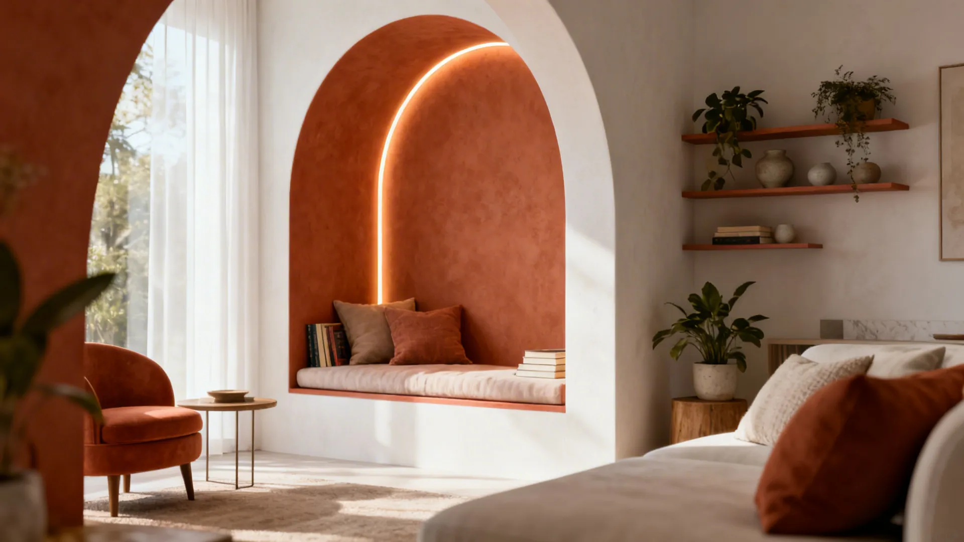 Built-in arched reading nook with orange wall light and pillows next to a white sofa