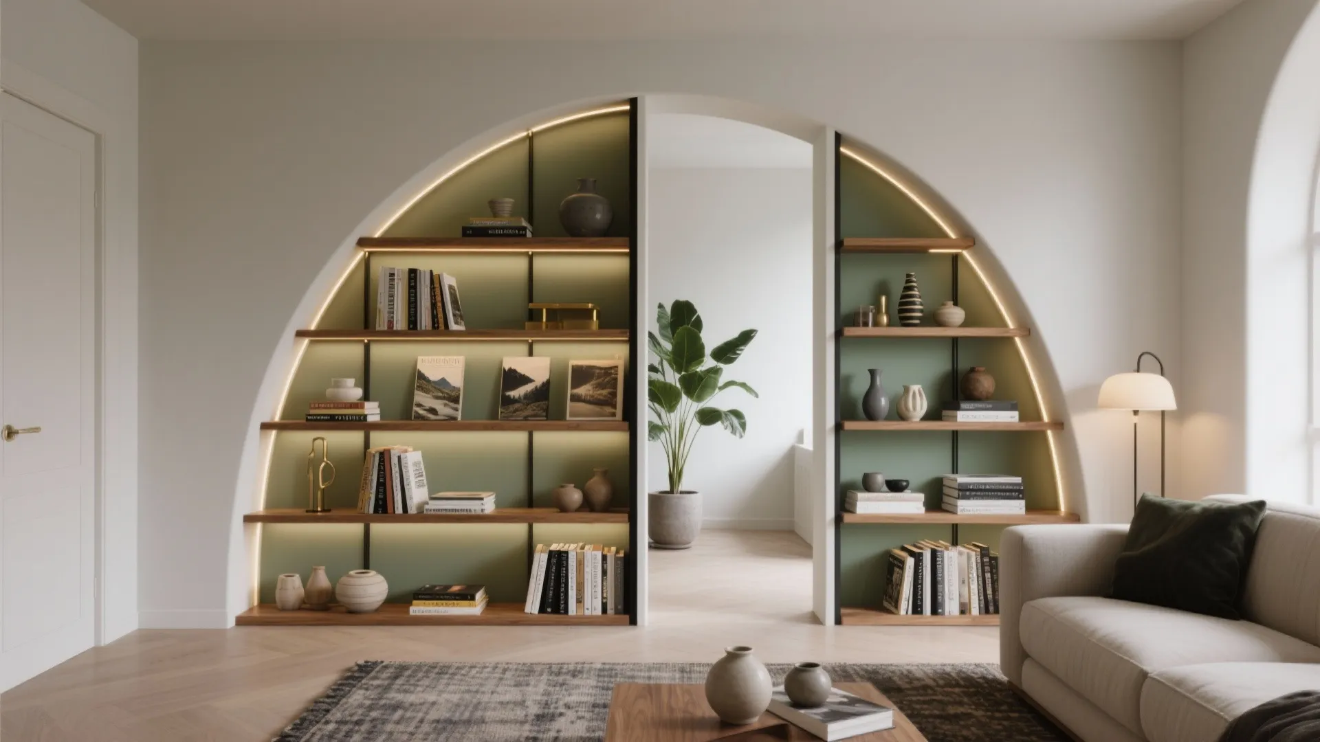 Arched Bookshelf Divider with Storage