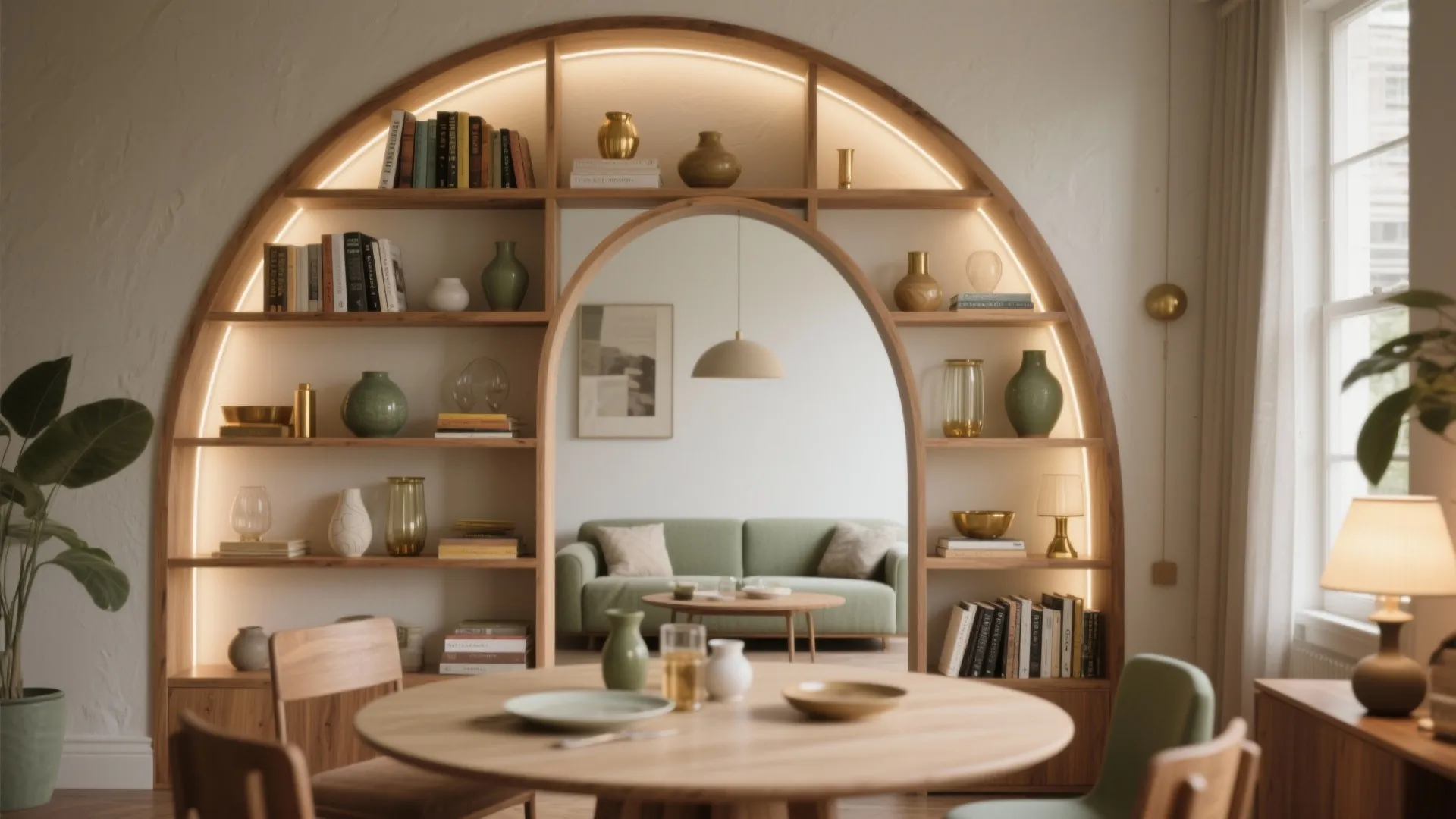 Open shelving divider with an arch motif