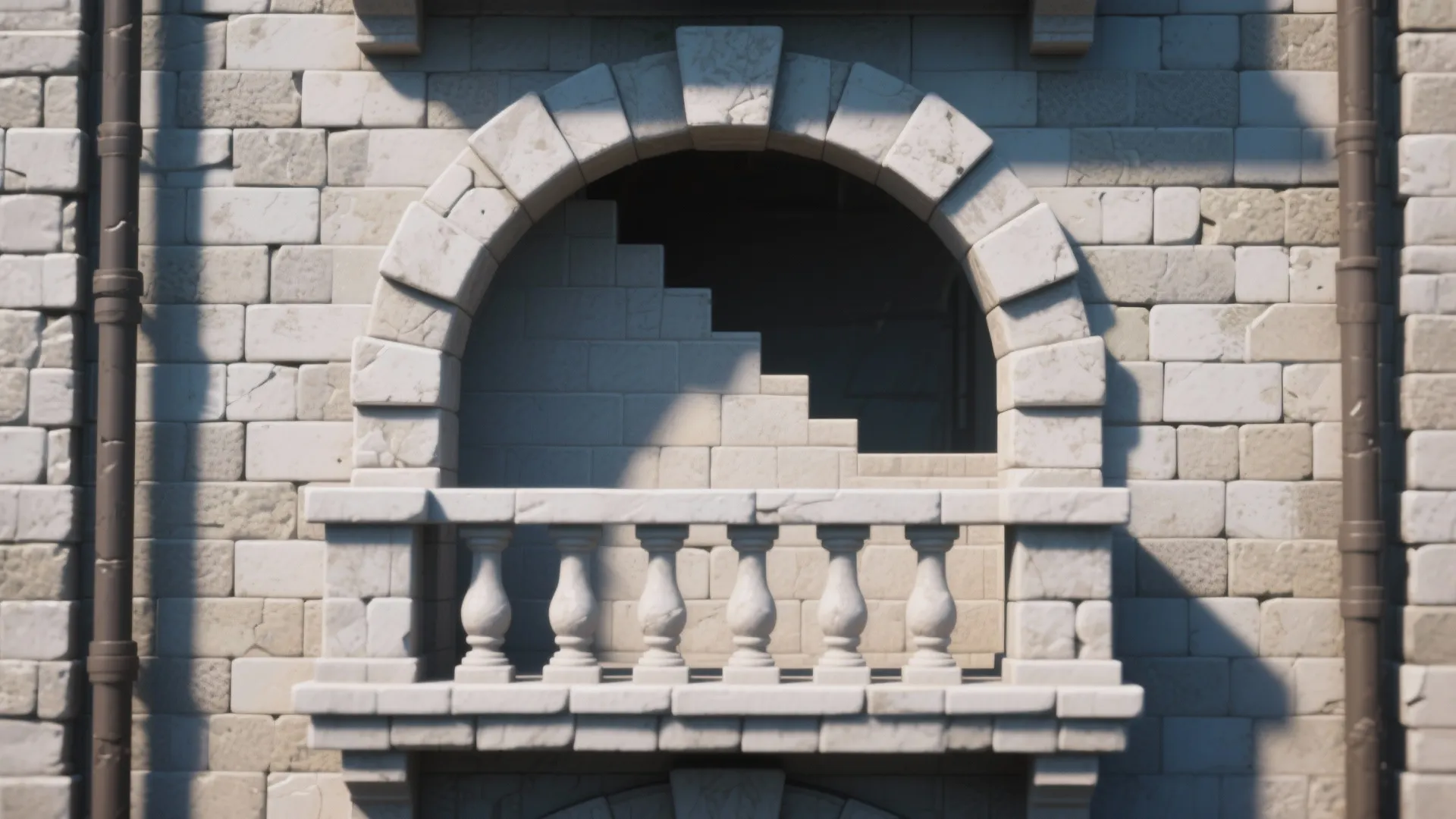 Classic stone balcony with an arched window opening and small white pillars on a stone wall
