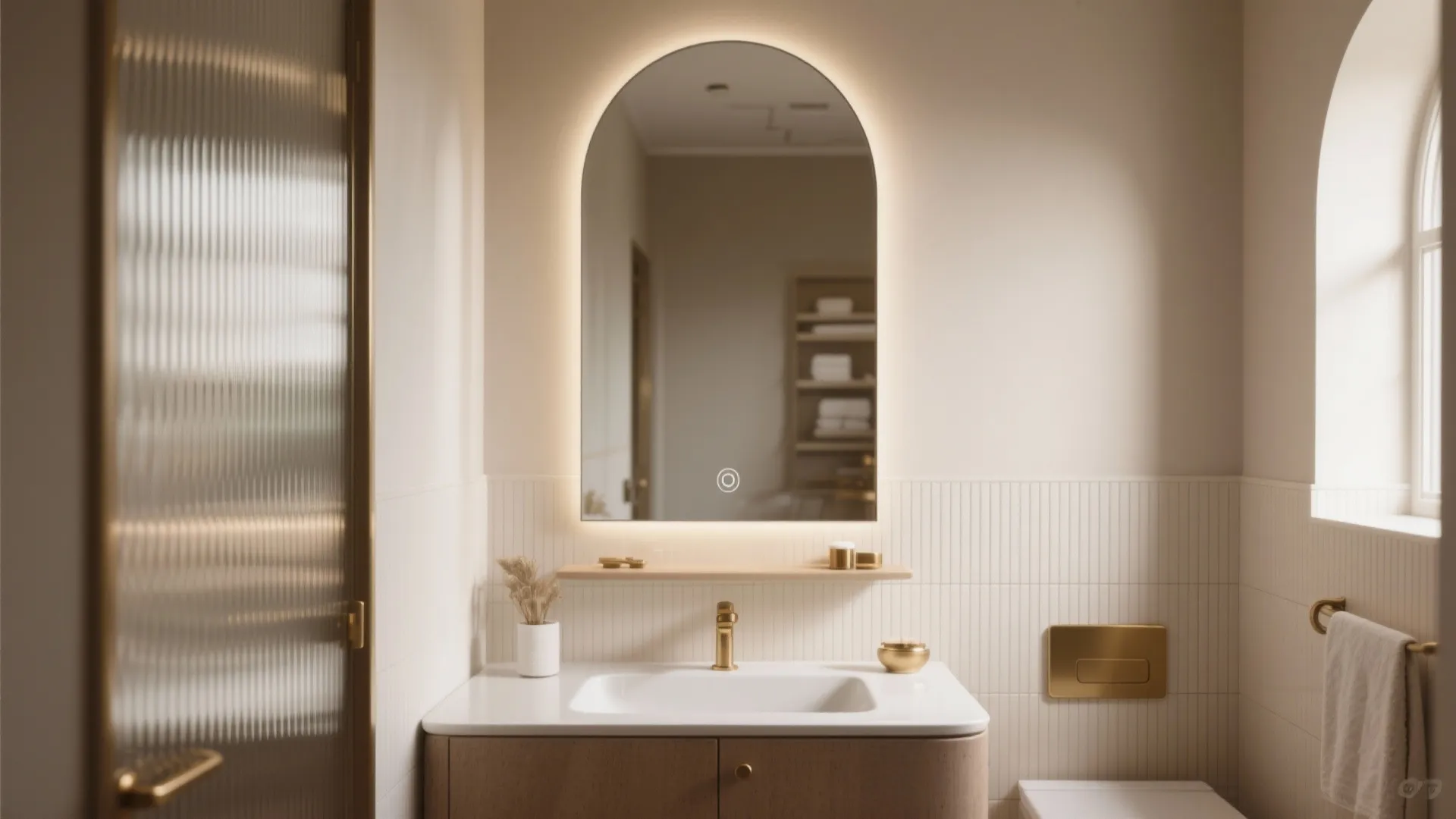 Compact bathroom with a tall arched mirror and fluted tile that draws the eye upward
