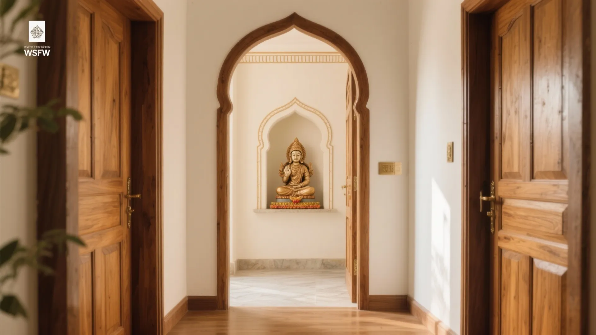 Hallway with wooden doors leading to an arched wall opening with a small golden statue