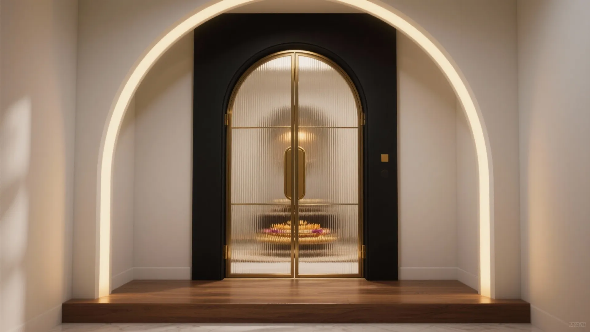 Arched reeded glass pooja door with a slim metal frame and dimmable warm lighting for sculptural calm.