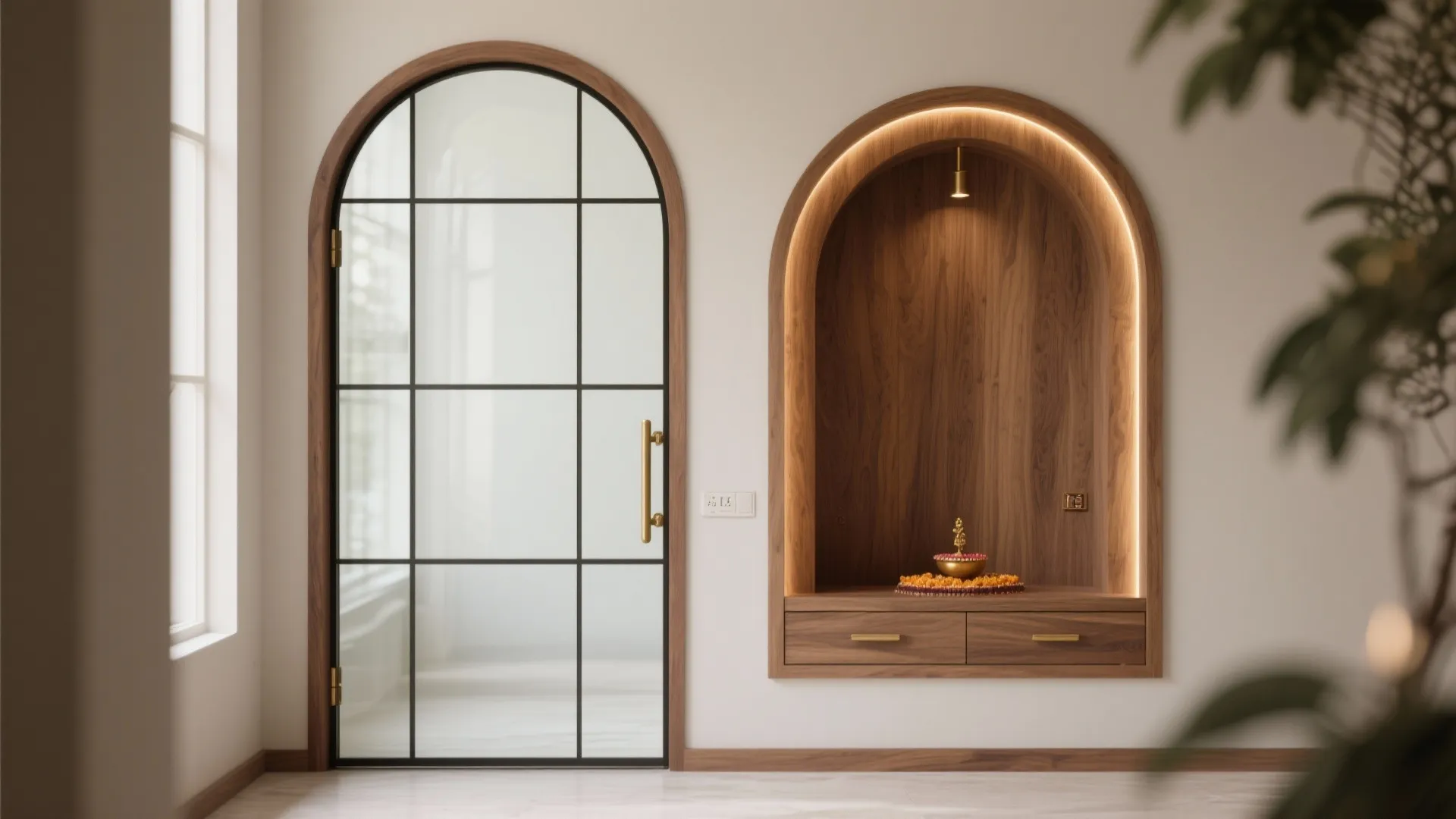 Ash wood arched frame with clear tempered pooja glass door and indirect warm lighting.