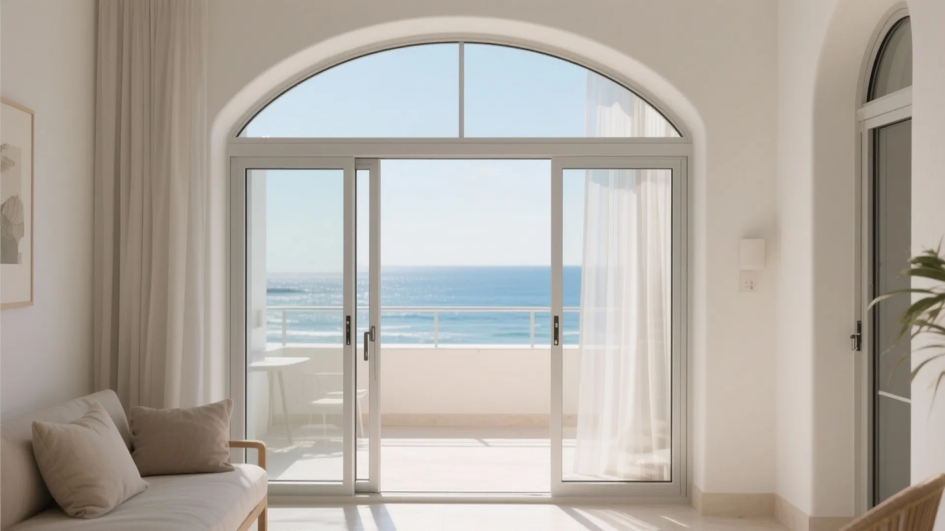 Bright living room with arched sliding glass doors opening to a sunny balcony with ocean views
