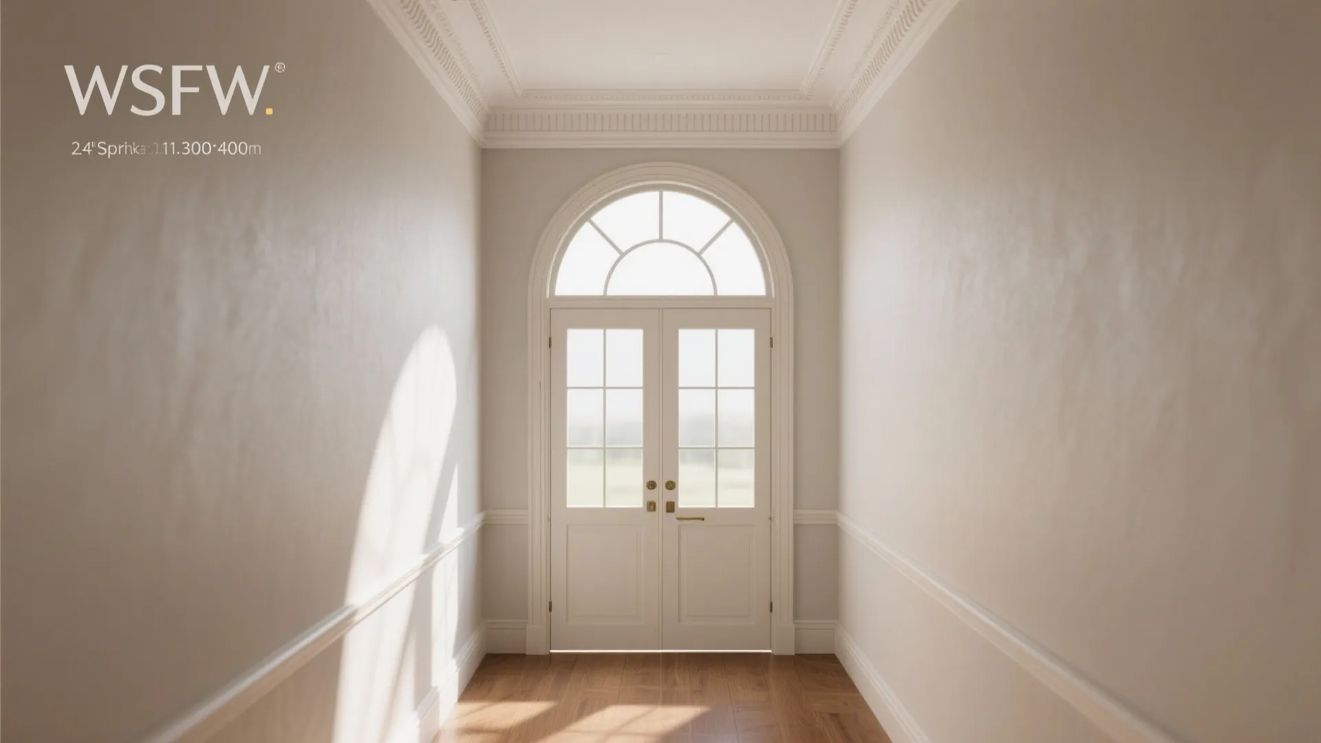 White double doors with arched top window at end of hallway with light wood floors