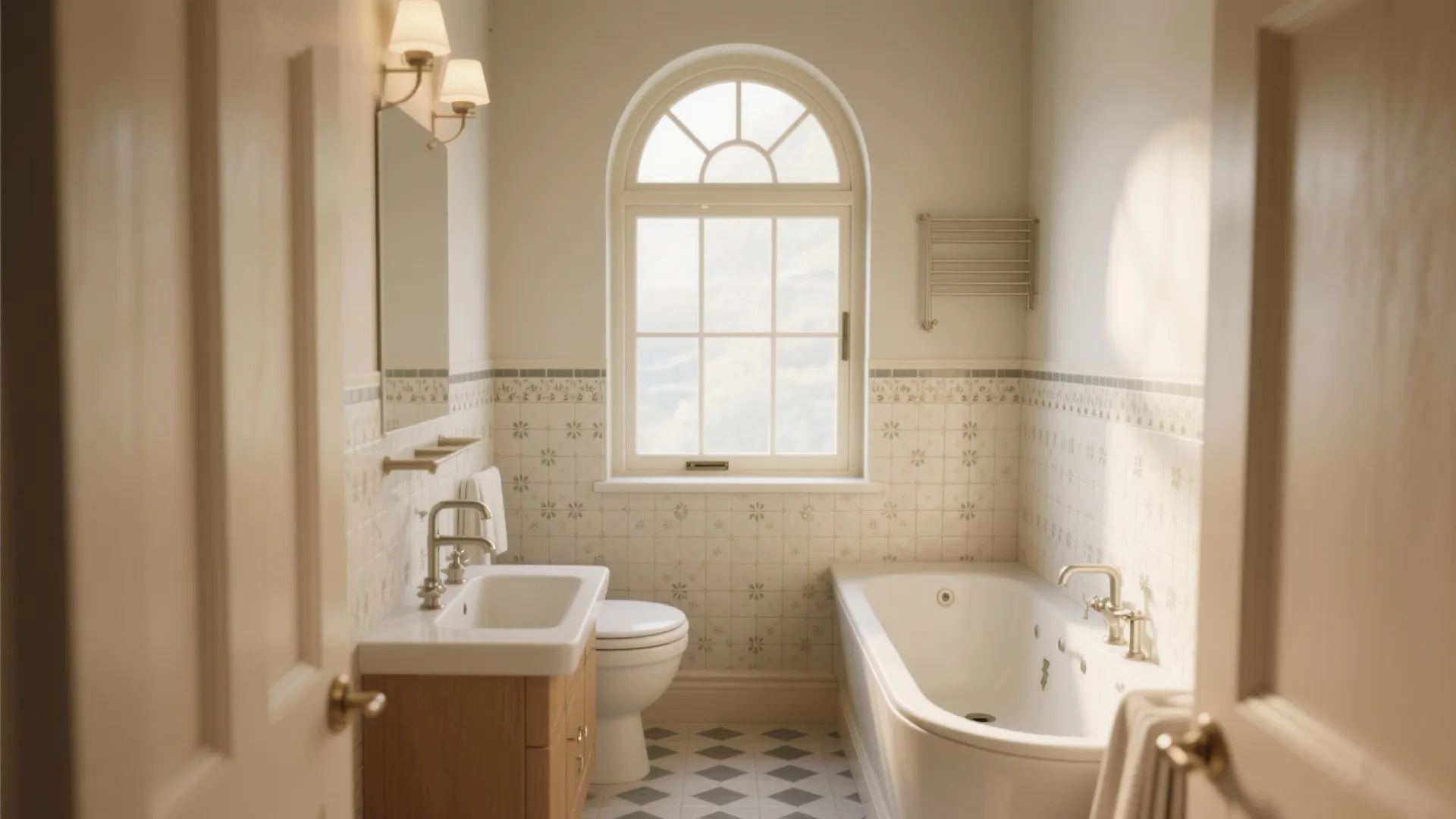 Classic bathroom design featuring an arched window white bathtub toilet sink mirror and wall lights