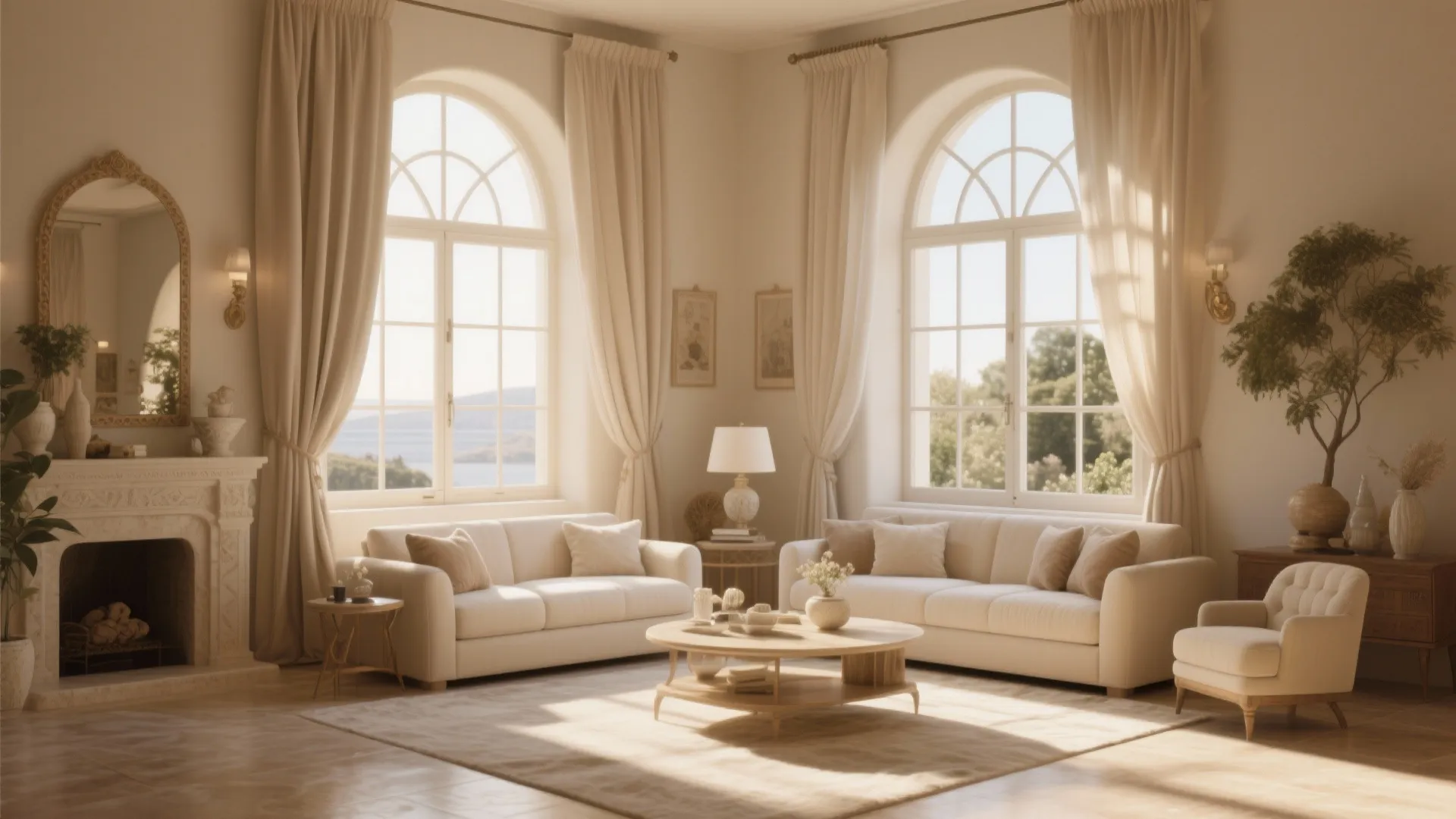 Elegant living room with two arched windows cream sofas wooden coffee table and a classic fireplace