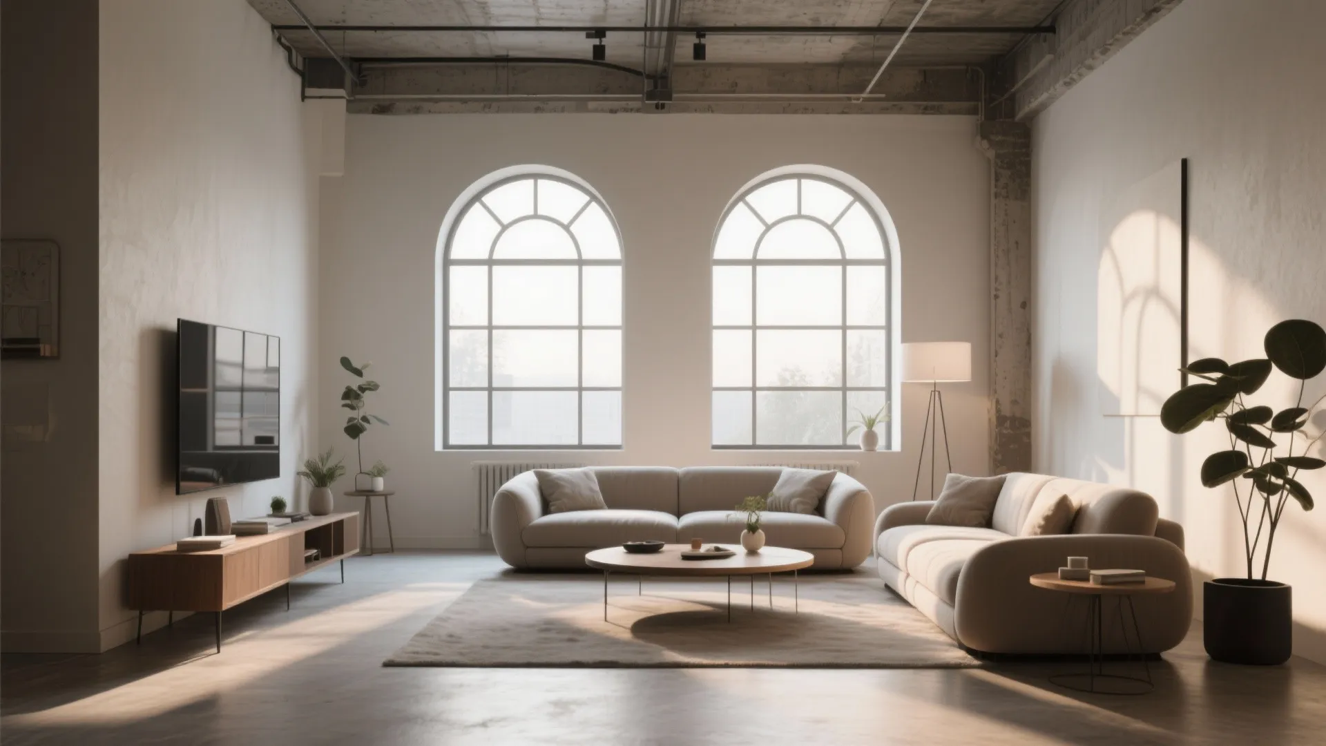 Modern living room with two large arched windows, grey sofa, wooden cabinet, television, round table
