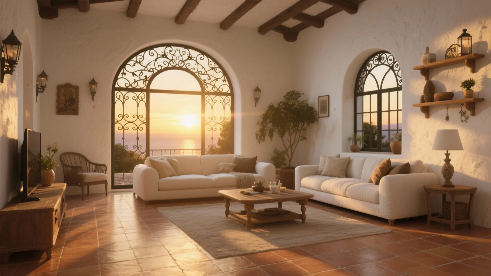 Mediterranean living room with white sofas large arched windows sunset sea view and warm tiled floor