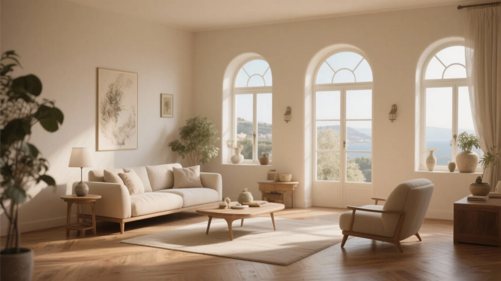 Mediterranean living room with three large arched windows white sofa wooden table and bright sunlight