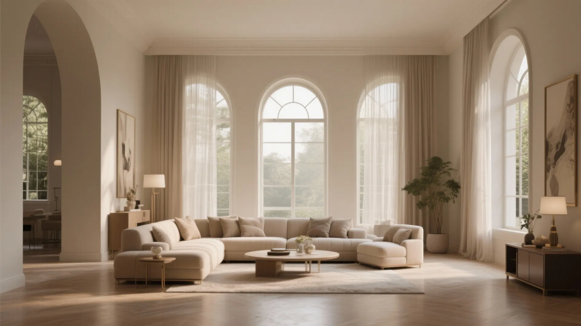 Spacious living room with three arched windows white curtains sofa and round wooden coffee table