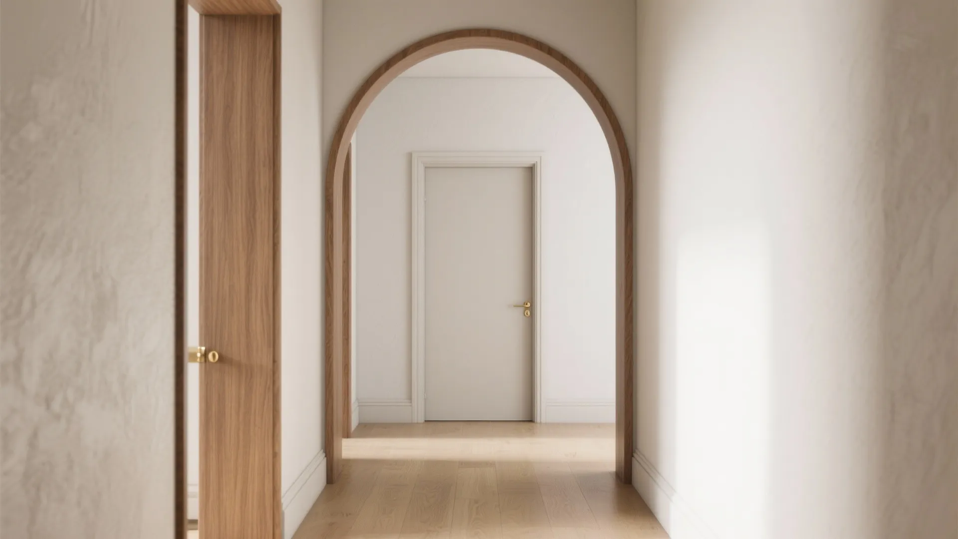 Bright hallway featuring large wood arched doorway leading to another white door and wood floor