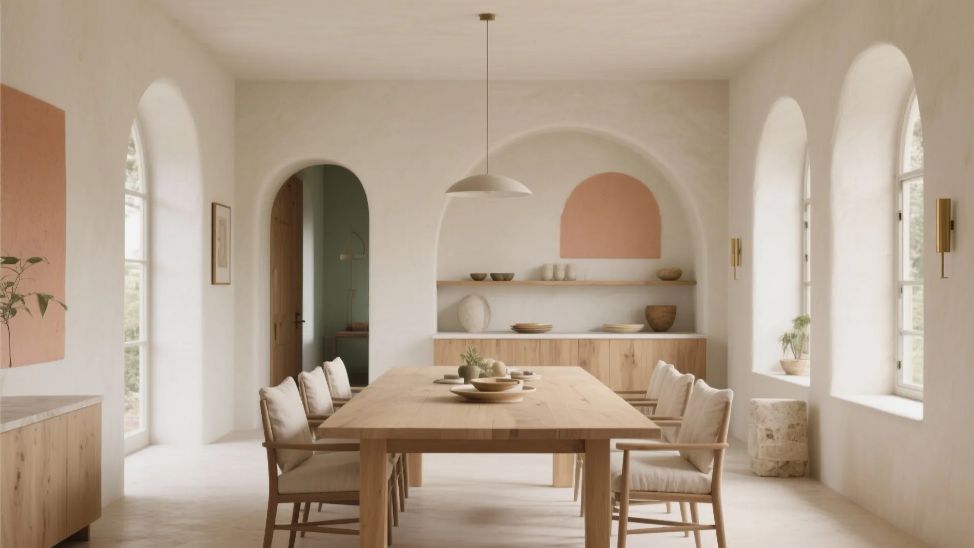 Spacious dining room featuring many arched windows a large wooden table and beige upholstered chairs