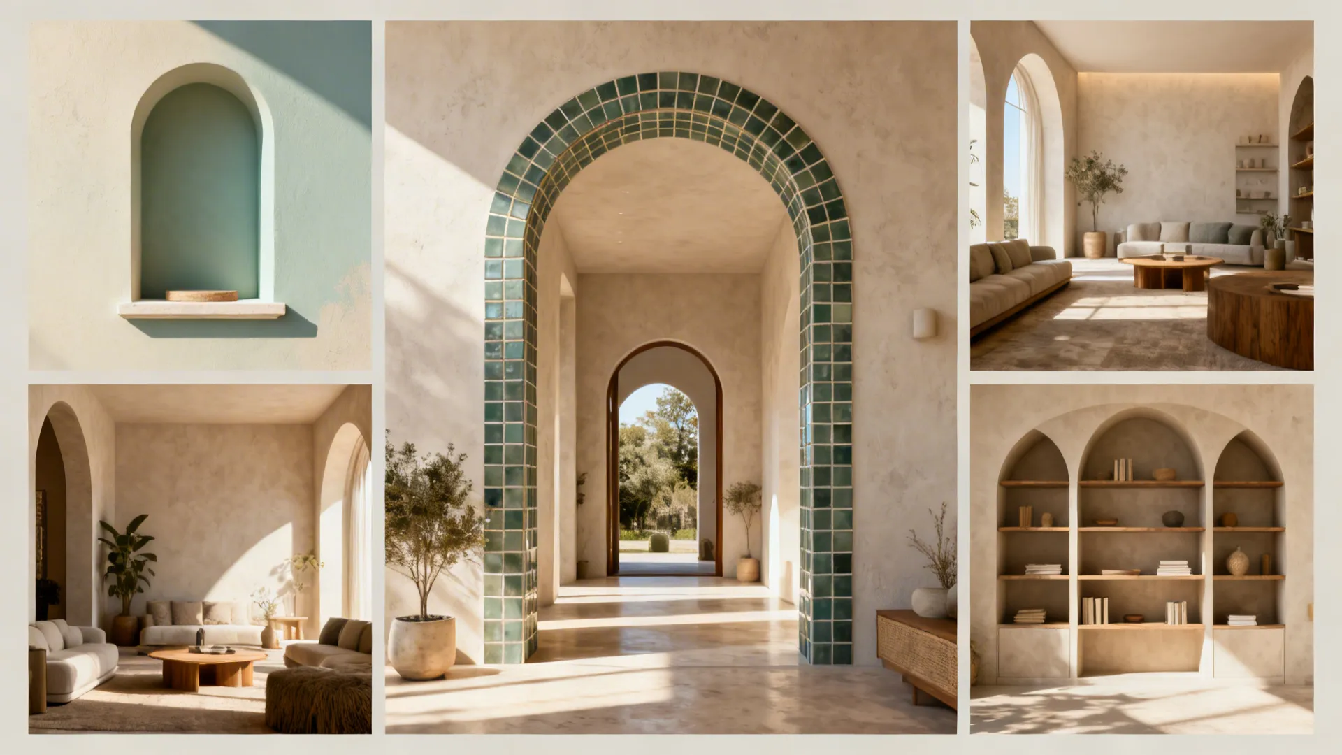 Collection of interior design drawings showing arched doorways with green tiles and beige living rooms