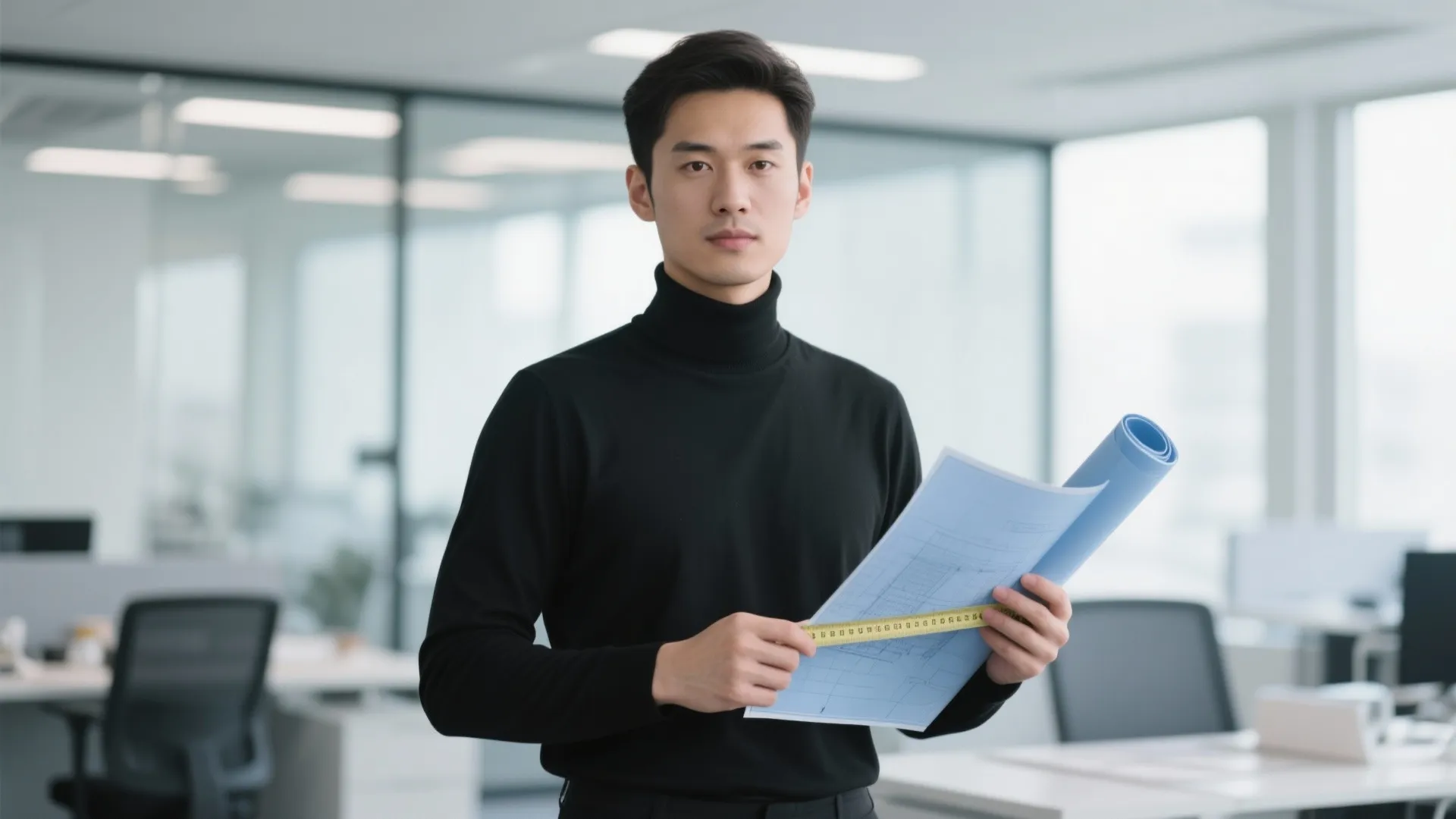 Office worker dressed as an architect with blueprints and measuring tape