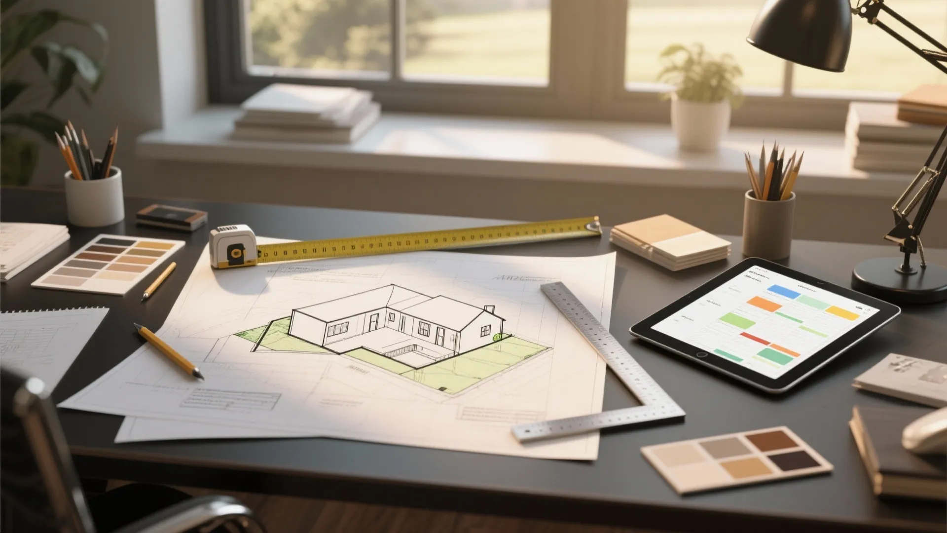 Architect's desk with site plans and tools illustrating planning questions for single-story homes