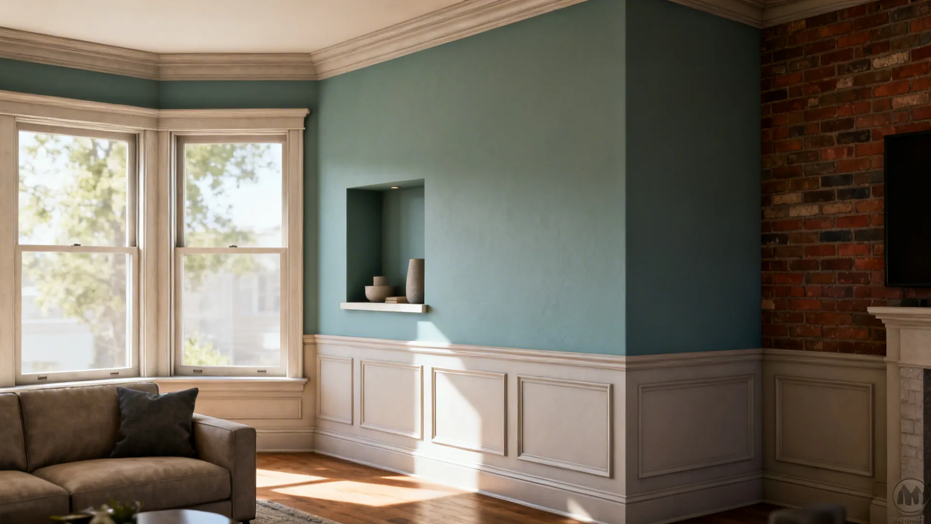 Living room with an accent wall featuring a bay window and exposed brick details.