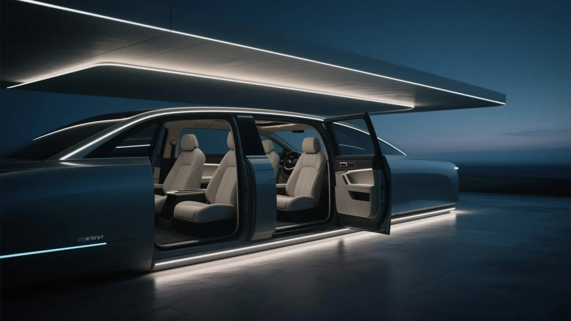 Futuristic car with open doors showing white light strips on the exterior and interior seats