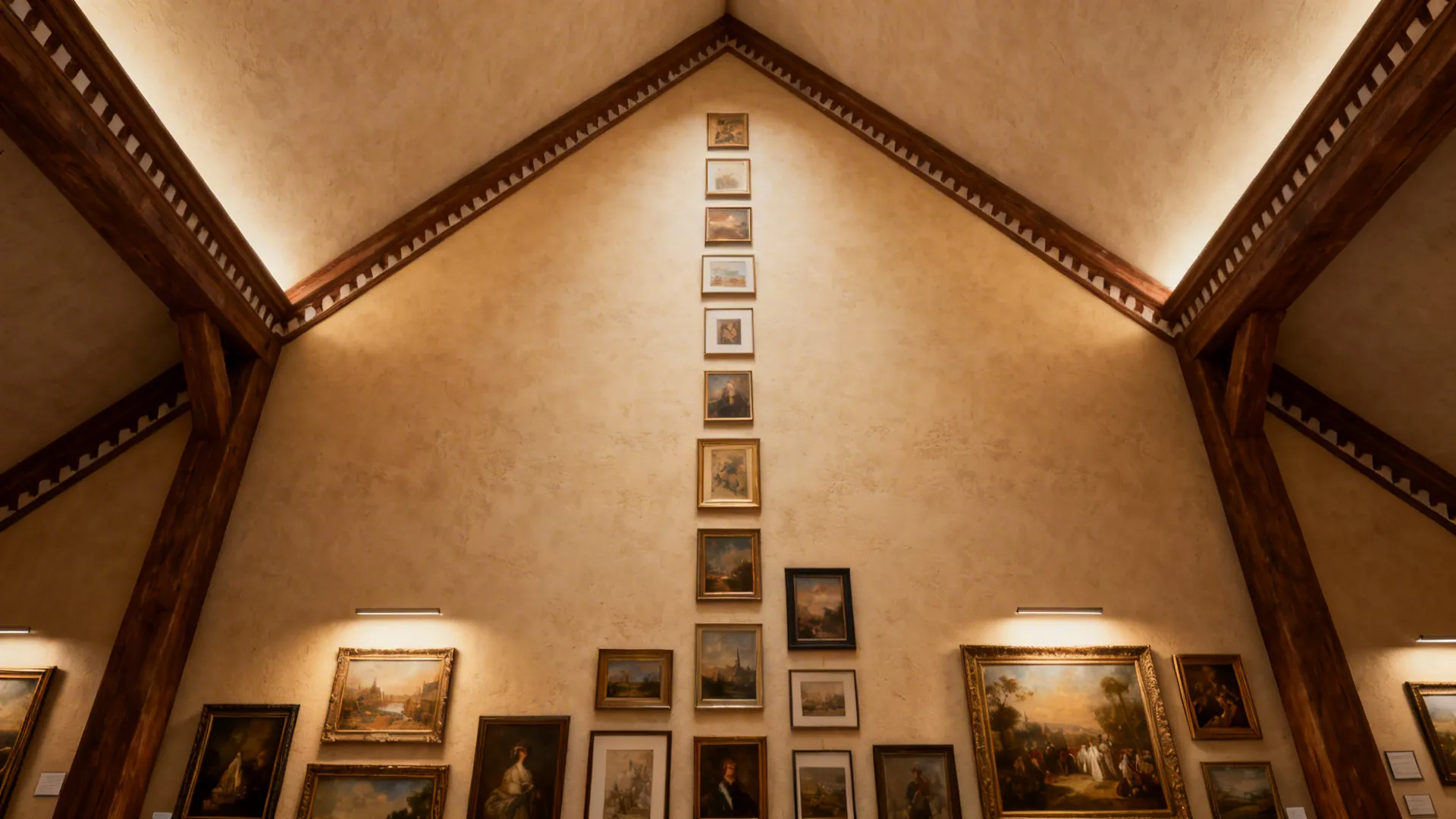 Vertical gallery and architectural trim on a vaulted living room wall with wood beams