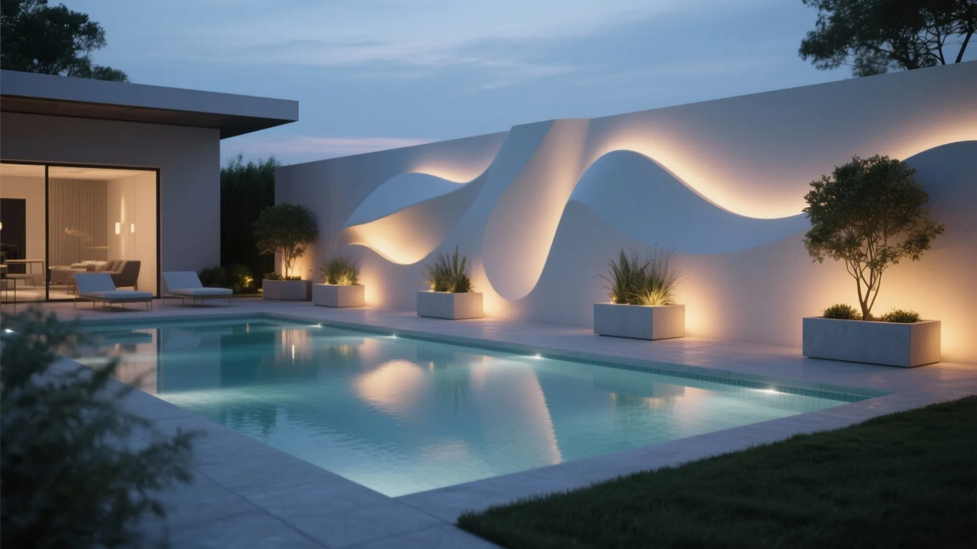 Outdoor swimming pool with a white wall panel featuring warm light and green plant pots