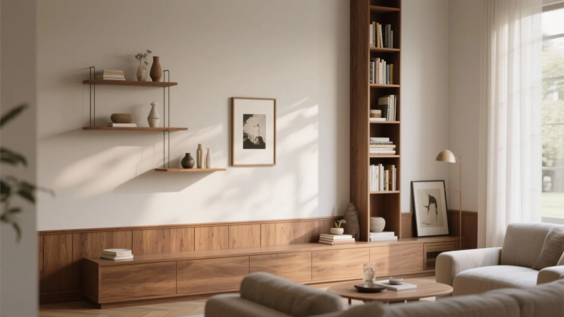 Living room with a picture rail, floating shelves, and a narrow bookcase breaking up a tall wall.