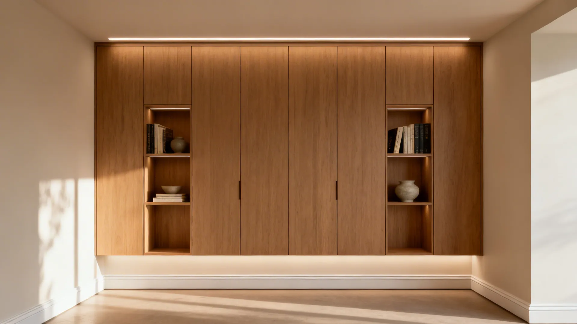 Floor-to-ceiling shallow built-ins with matte doors and lit niches in a small 10x10 room.