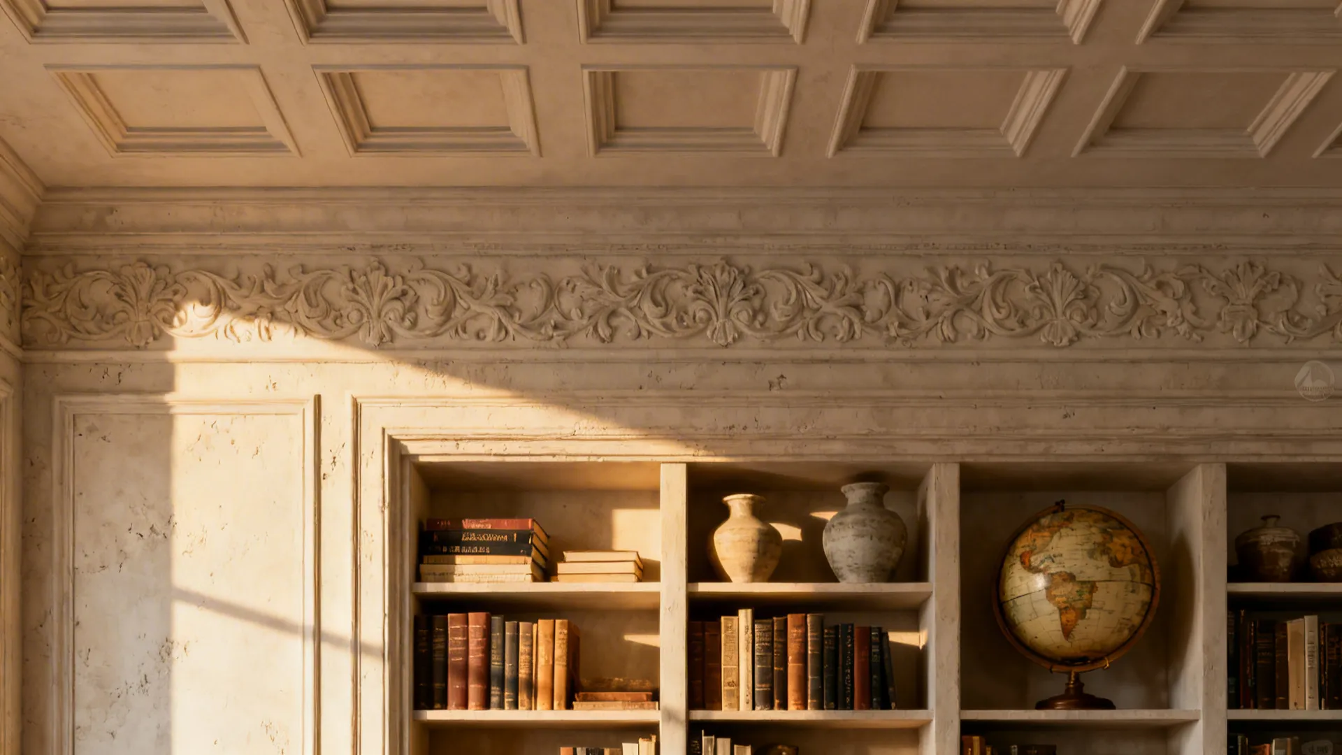 Wall mouldings, a modest coffered ceiling, and a built-in bookcase adding timeless elegance.