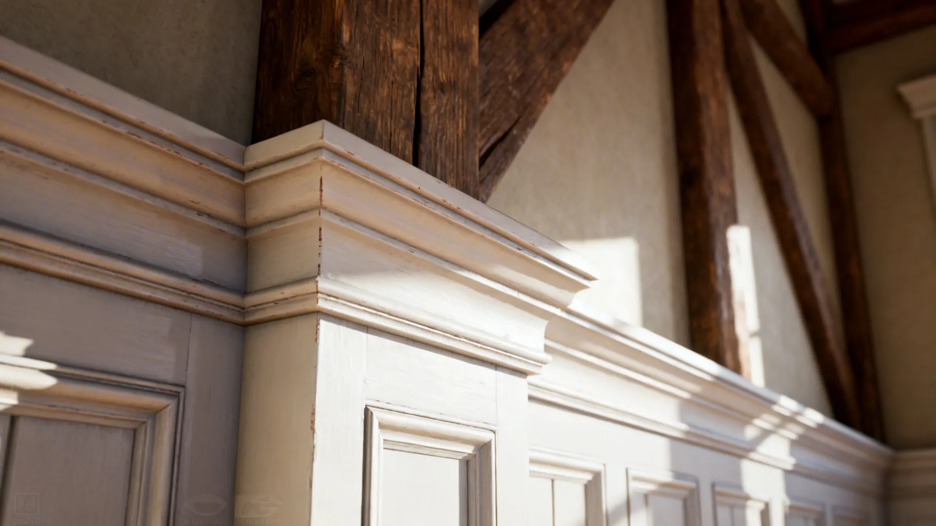 Close-up of crown molding, painted paneling and an exposed beam showing textures and finish.