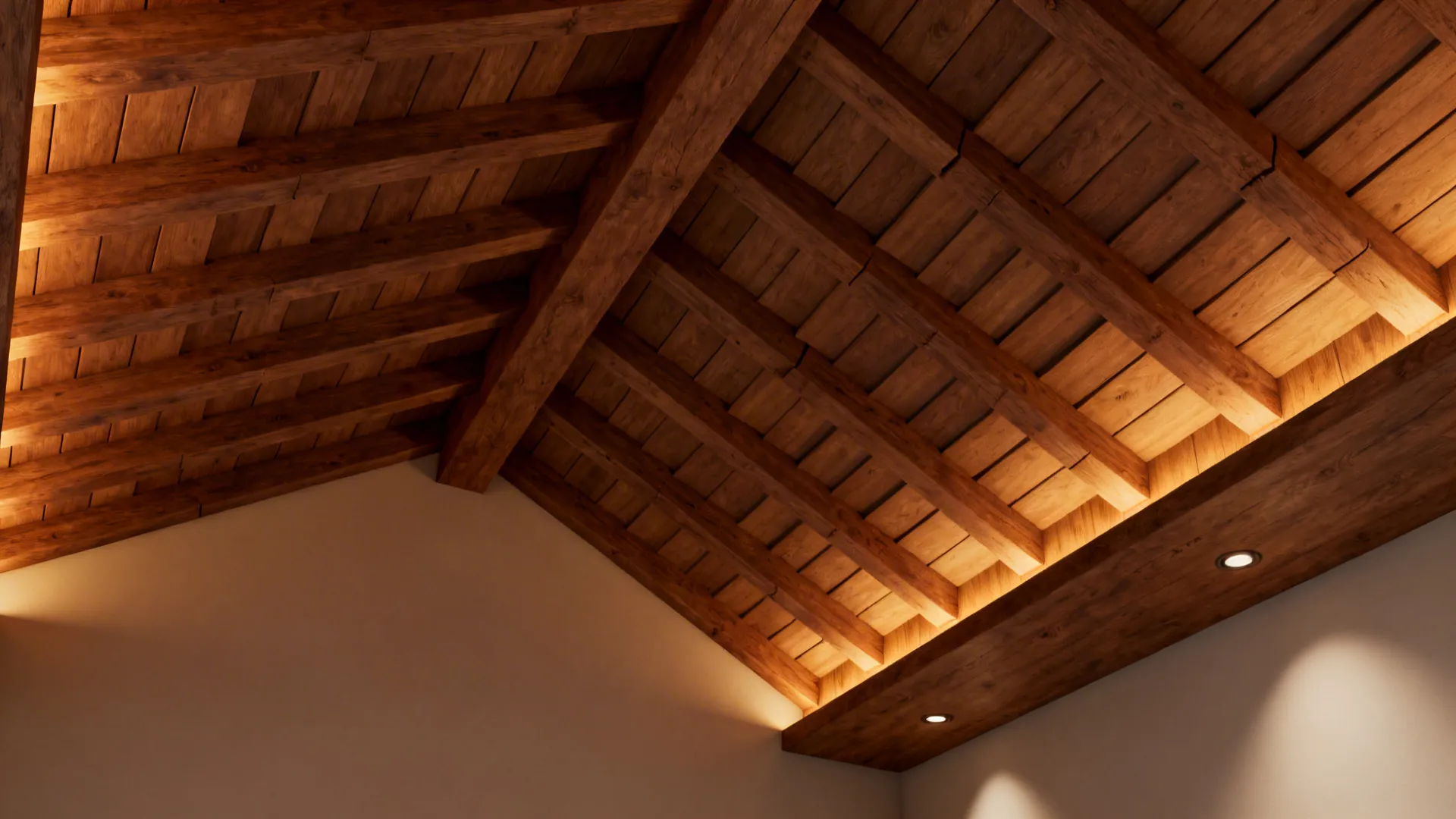 Exposed beams and staggered wood slats on a vaulted ceiling adding warmth and rhythm