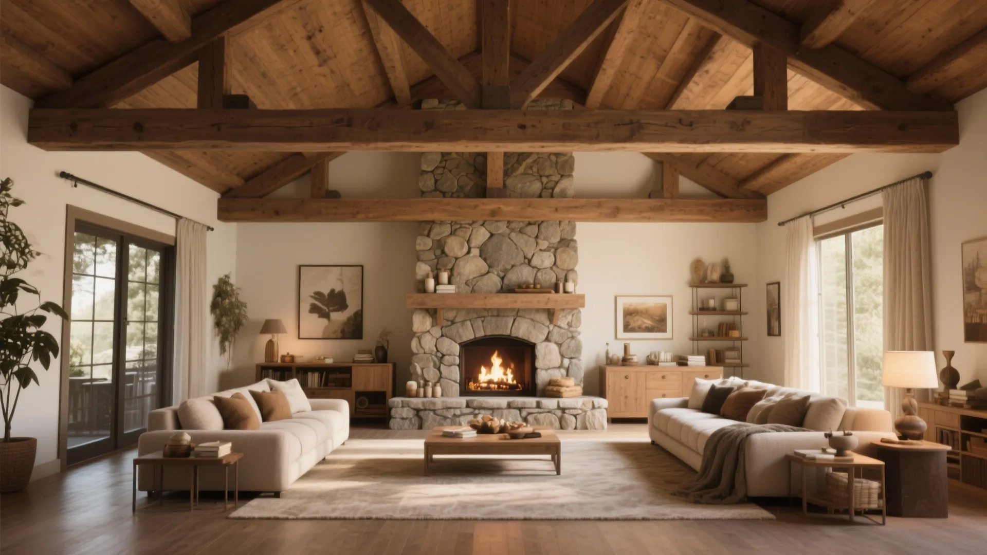 Rustic living room with stone fireplace wooden ceiling beams white sofas coffee table and windows
