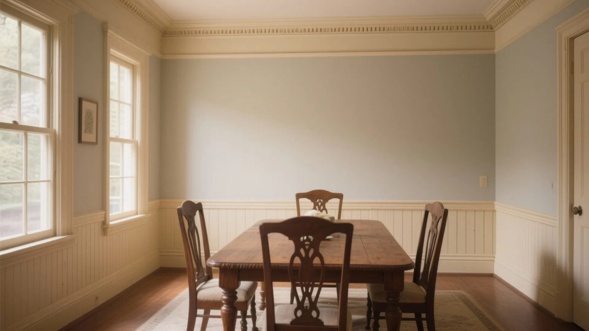 Dining room with crown molding and chair rail framing antique furniture