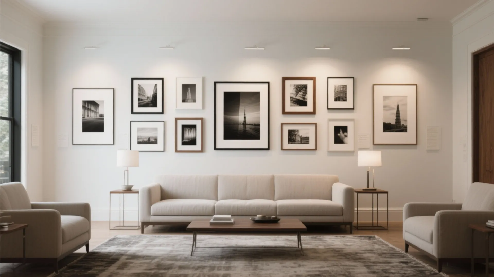 Modern living room featuring cream sofas wooden coffee table and wall gallery of framed photos