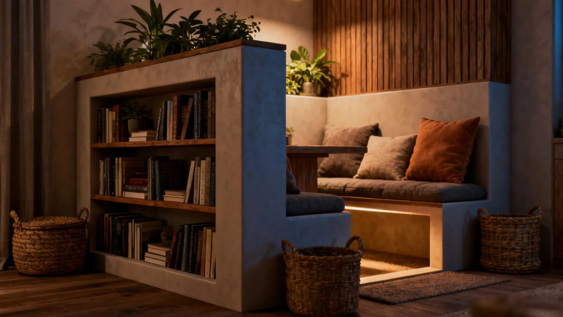 Cozy reading nook with built-in bench seating and bookshelf side with plants and woven baskets